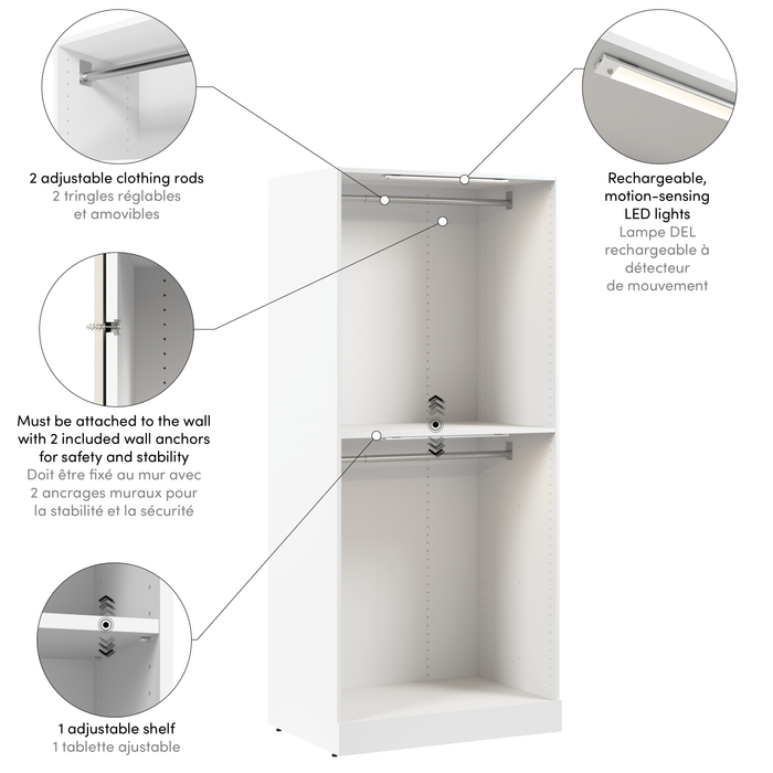 Système de garde-robe modulaire  à 2 espaces pour suspendre Florence de Bestar de 35 po avec éclairage à DEL - blanc