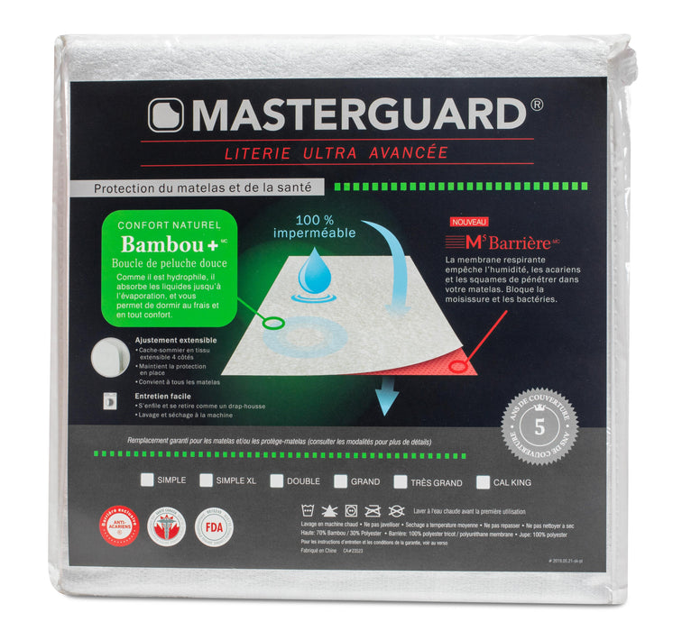 Protège-matelas en BambooMC de MasterguardMD pour lit simple avec 1 oreiller standard