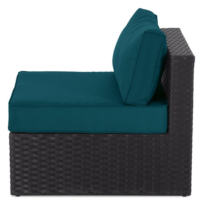 Fauteuil sans accoudoirs Barbados pour la terrasse à l’extérieur - osier en résine tressé à la main, résistant aux rayons UV et aux intempéries - noir et bleu