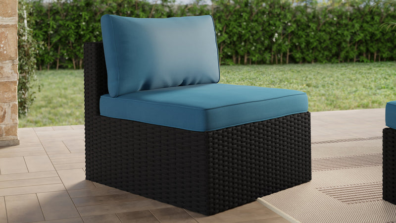Fauteuil sans accoudoirs Barbados pour la terrasse à l’extérieur - osier en résine tressé à la main, résistant aux rayons UV et aux intempéries - noir et bleu