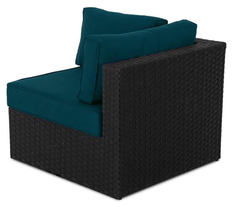 Fauteuil en coin Barbados pour la terrasse à l’extérieur - osier en résine tressé à la main, résistant aux rayons UV et aux intempéries - noir et bleu