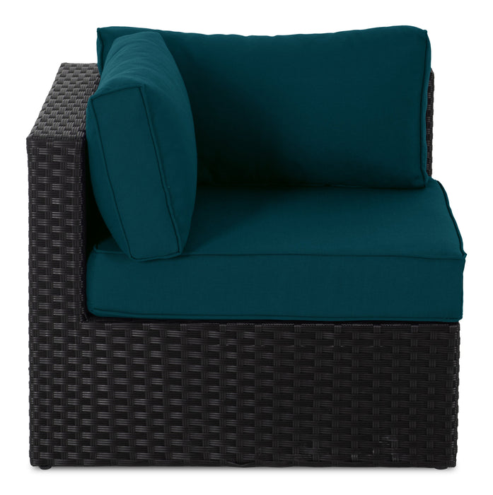 Fauteuil en coin Barbados pour la terrasse à l’extérieur - osier en résine tressé à la main, résistant aux rayons UV et aux intempéries - noir et bleu