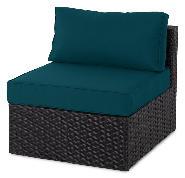 Ensemble Barbados 5 pièces pour la terrasse à l’extérieur avec 3 fauteuils en coin et 2 fauteuils sans accoudoirs - osier en résine tressé à la main, résistant aux rayons UV et aux intempéries - noir et bleu