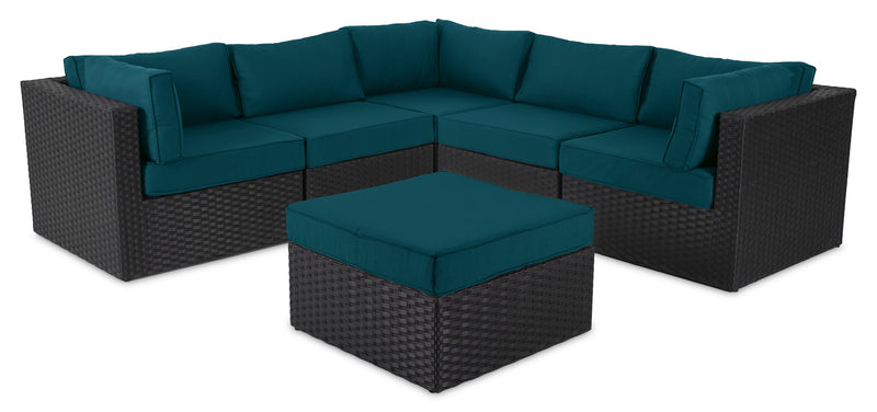 Pouf Barbados pour la terrasse à l’extérieur - osier en résine tressé à la main, résistant aux rayons UV et aux intempéries - noir et bleu