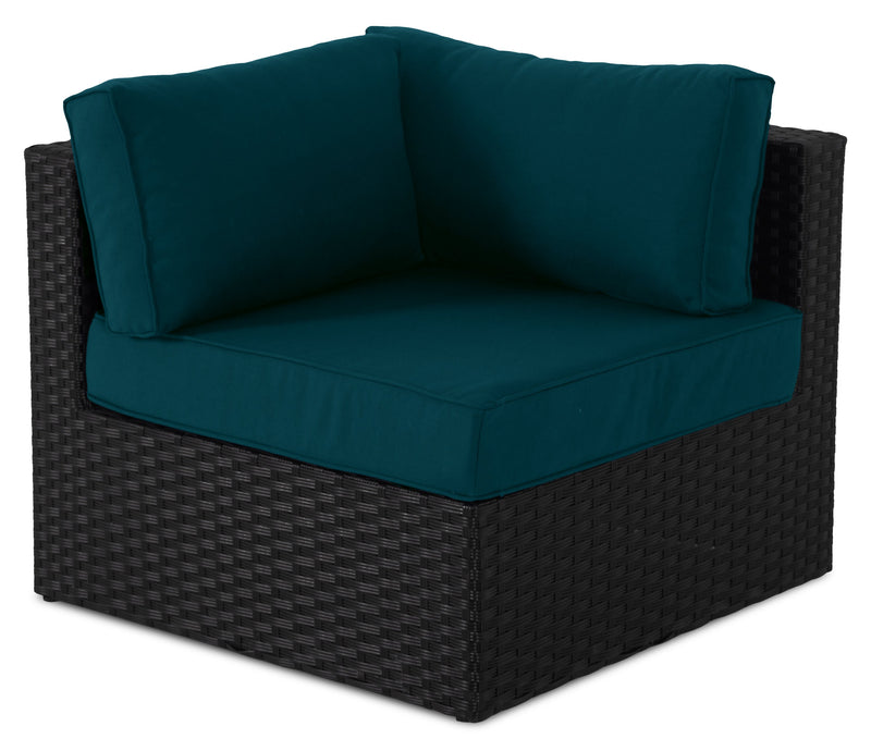 Ensemble Barbados 5 pièces pour la terrasse à l’extérieur avec 3 fauteuils en coin et 2 fauteuils sans accoudoirs - osier en résine tressé à la main, résistant aux rayons UV et aux intempéries - noir et bleu