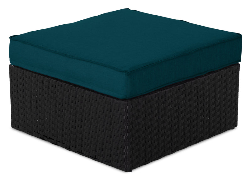 Ensemble Barbados 6 pièces pour la terrasse à l’extérieur avec 3 fauteuils en coin, 2 fauteuils sans accoudoirs et pouf - osier en résine tressé à la main, résistant aux rayons UV et aux intempéries - noir et bleu
