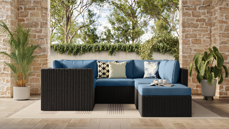 Ensemble Barbados 6 pièces pour la terrasse à l’extérieur avec 3 fauteuils en coin, 2 fauteuils sans accoudoirs et pouf - osier en résine tressé à la main, résistant aux rayons UV et aux intempéries - noir et bleu