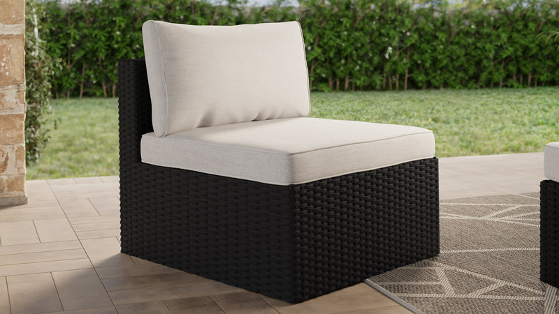 Fauteuil sans accoudoirs Barbados pour la terrasse à l’extérieur - osier en résine tressé à la main, résistant aux rayons UV et aux intempéries - noir et gris