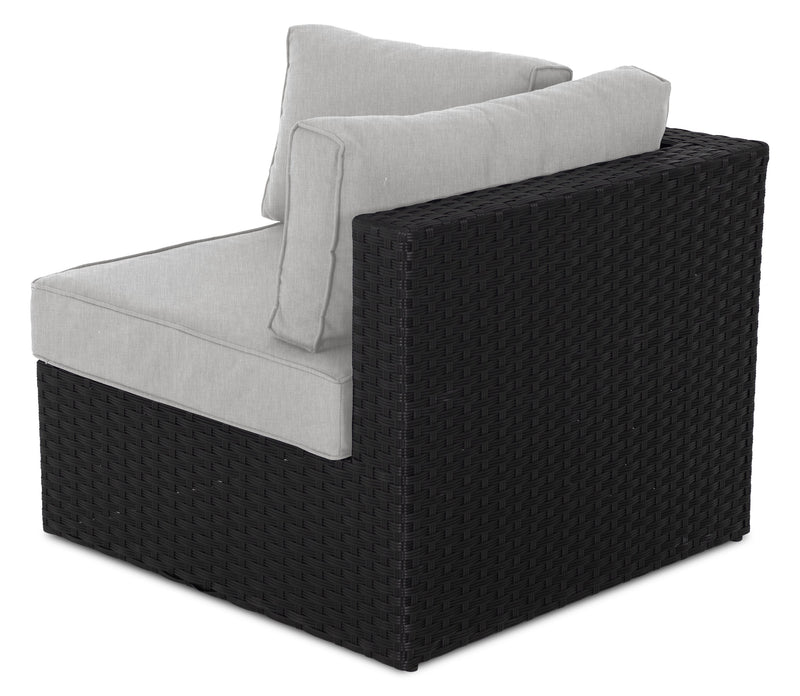 Fauteuil en coin Barbados pour la terrasse à l’extérieur - osier en résine tressé à la main, résistant aux rayons UV et aux intempéries - noir et gris