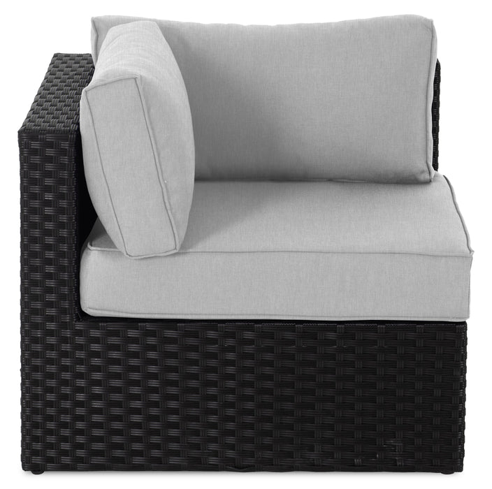 Fauteuil en coin Barbados pour la terrasse à l’extérieur - osier en résine tressé à la main, résistant aux rayons UV et aux intempéries - noir et gris