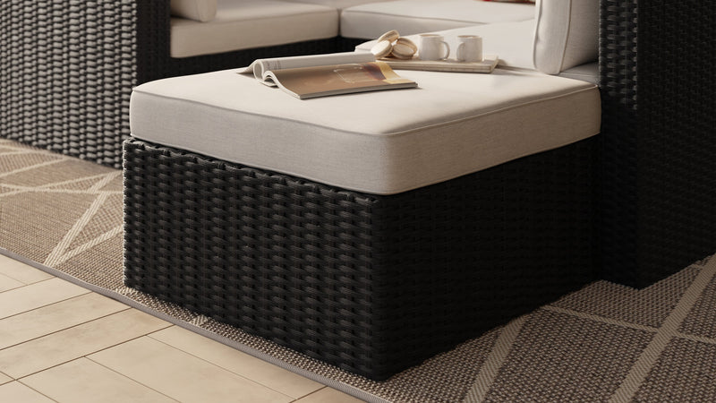 Pouf Barbados pour la terrasse à l’extérieur - osier en résine tressé à la main, résistant aux rayons UV et aux intempéries - noir et gris