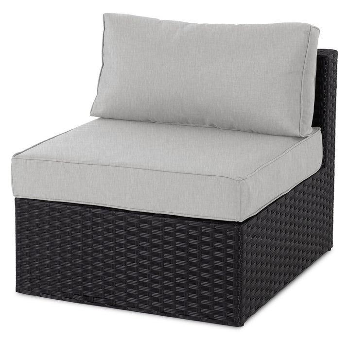 Ensemble Barbados 6 pièces pour la terrasse à l’extérieur avec 3 fauteuils en coin, 2 fauteuils sans accoudoirs et pouf - osier en résine tressé à la main, résistant aux rayons UV et aux intempéries - noir et gris