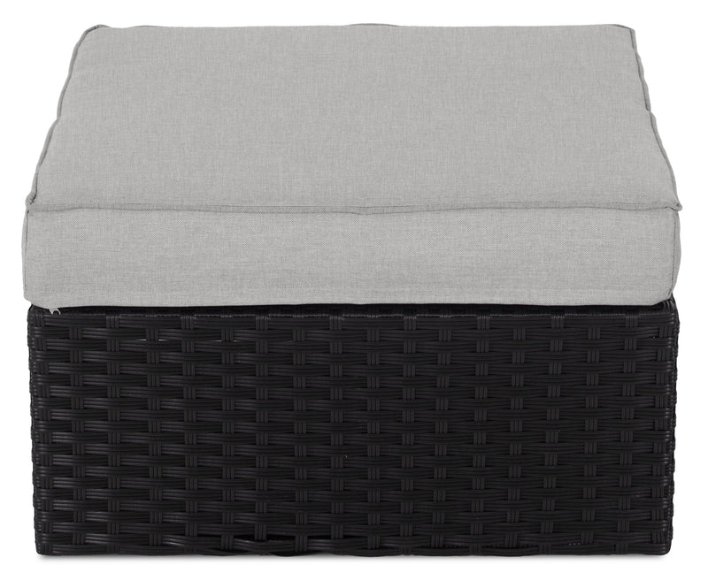 Ensemble Barbados 6 pièces pour la terrasse à l’extérieur avec 3 fauteuils en coin, 2 fauteuils sans accoudoirs et pouf - osier en résine tressé à la main, résistant aux rayons UV et aux intempéries - noir et gris