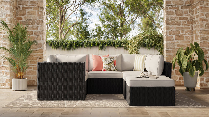 Ensemble Barbados 6 pièces pour la terrasse à l’extérieur avec 3 fauteuils en coin, 2 fauteuils sans accoudoirs et pouf - osier en résine tressé à la main, résistant aux rayons UV et aux intempéries - noir et gris