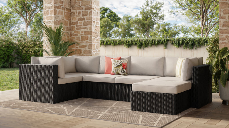 Ensemble Barbados 6 pièces pour la terrasse à l’extérieur avec 3 fauteuils en coin, 2 fauteuils sans accoudoirs et pouf - osier en résine tressé à la main, résistant aux rayons UV et aux intempéries - noir et gris