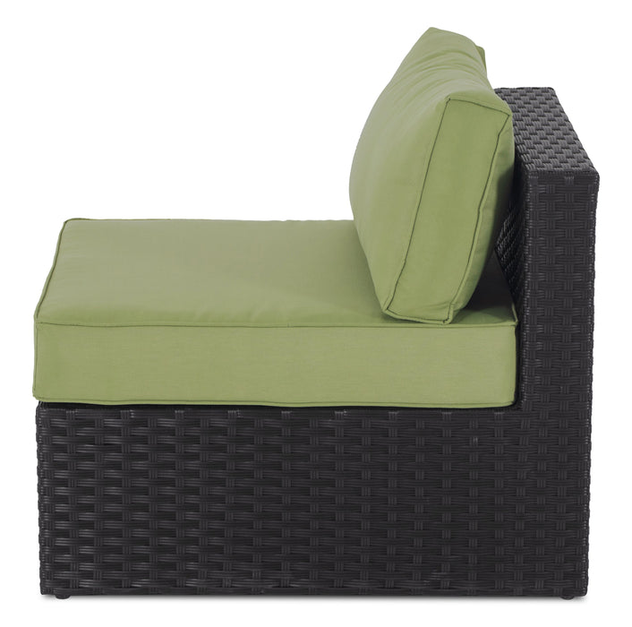 Fauteuil sans accoudoirs Barbados pour la terrasse à l’extérieur - osier en résine tressé à la main, résistant aux rayons UV et aux intempéries - noir et vert