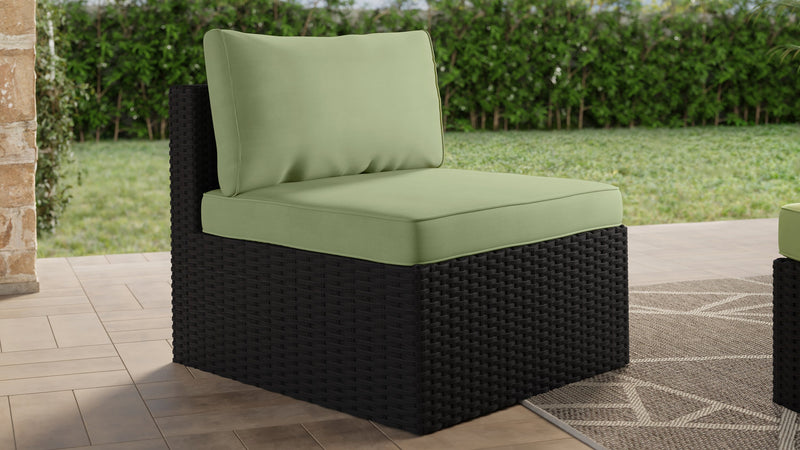 Fauteuil sans accoudoirs Barbados pour la terrasse à l’extérieur - osier en résine tressé à la main, résistant aux rayons UV et aux intempéries - noir et vert
