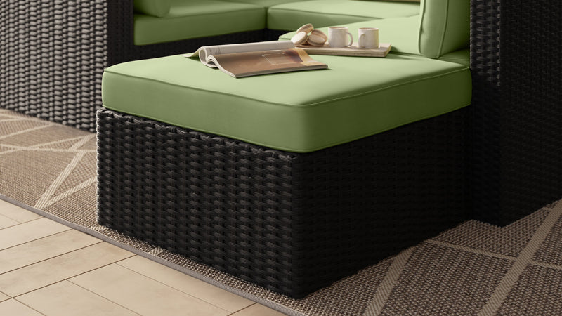 Pouf Barbados pour la terrasse à l’extérieur - osier en résine tressé à la main, résistant aux rayons UV et aux intempéries - noir et vert