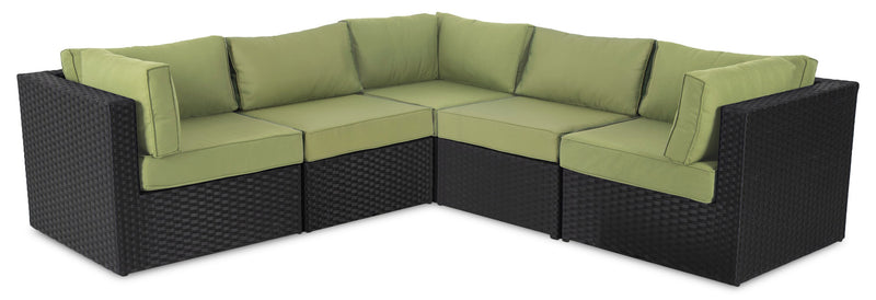 Ensemble Barbados 5 pièces pour la terrasse à l’extérieur avec 3 fauteuils en coin et 2 fauteuils sans accoudoirs - osier en résine tressé à la main, résistant aux rayons UV et aux intempéries - noir et vert