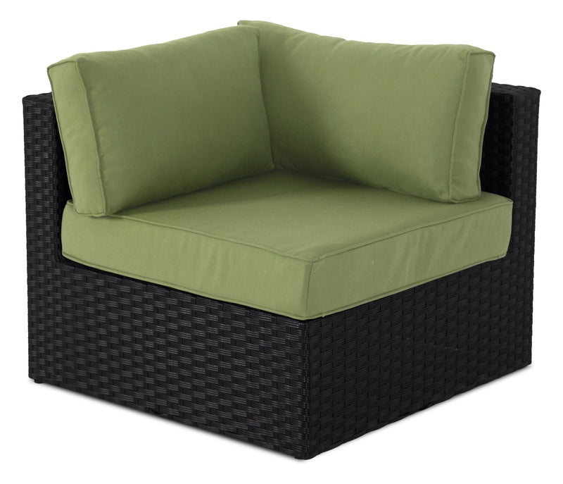 Ensemble Barbados 5 pièces pour la terrasse à l’extérieur avec 3 fauteuils en coin et 2 fauteuils sans accoudoirs - osier en résine tressé à la main, résistant aux rayons UV et aux intempéries - noir et vert