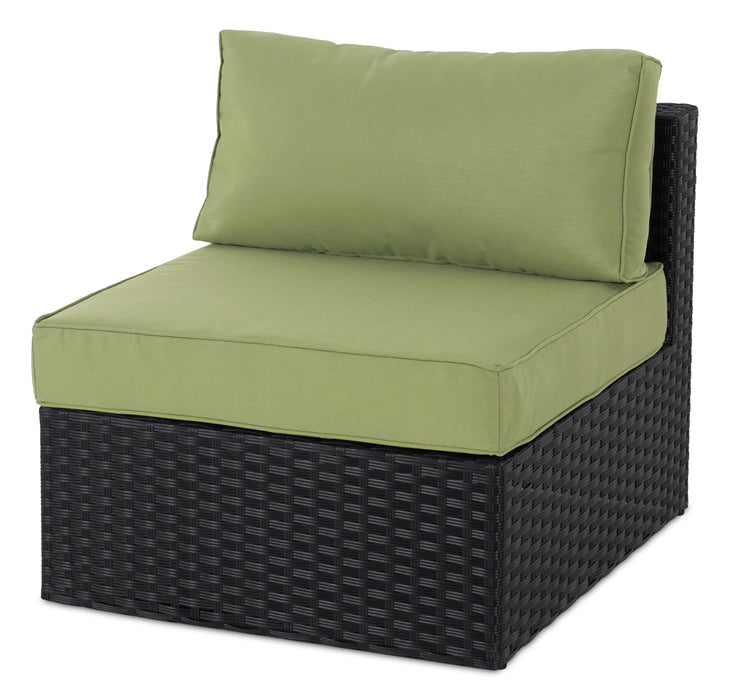 Ensemble Barbados 6 pièces pour la terrasse à l’extérieur avec 3 fauteuils en coin, 2 fauteuils sans accoudoirs et pouf - osier en résine tressé à la main, résistant aux rayons UV et aux intempéries - noir et vert