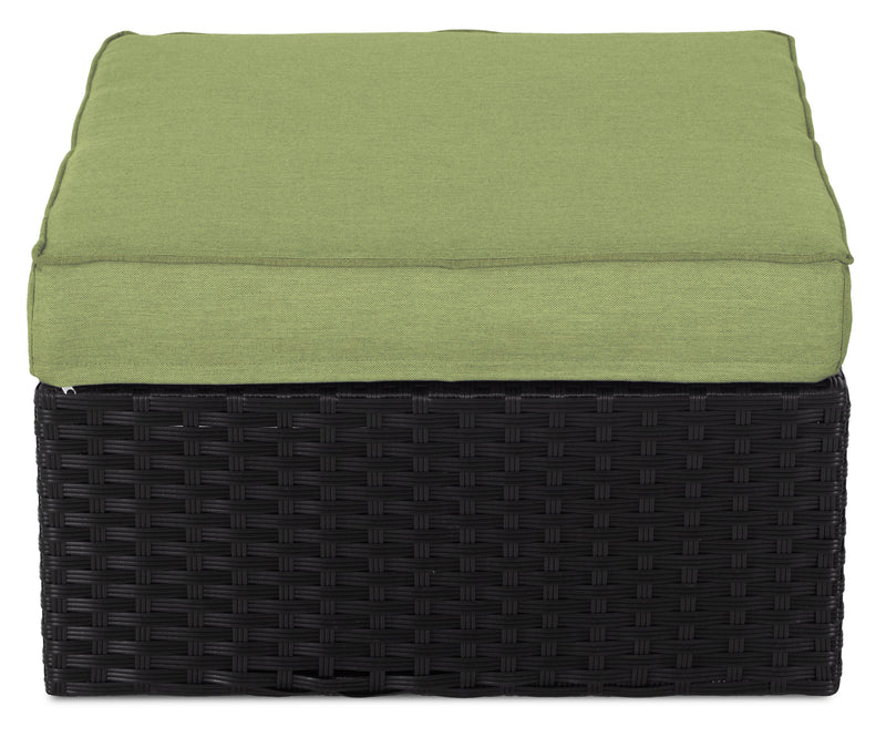 Ensemble Barbados 6 pièces pour la terrasse à l’extérieur avec 3 fauteuils en coin, 2 fauteuils sans accoudoirs et pouf - osier en résine tressé à la main, résistant aux rayons UV et aux intempéries - noir et vert