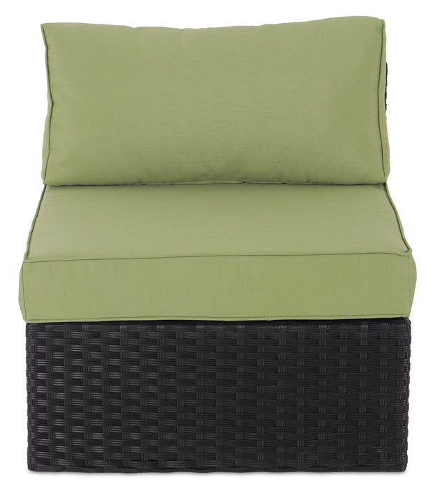 Ensemble Barbados 6 pièces pour la terrasse à l’extérieur avec 3 fauteuils en coin, 2 fauteuils sans accoudoirs et pouf - osier en résine tressé à la main, résistant aux rayons UV et aux intempéries - noir et vert