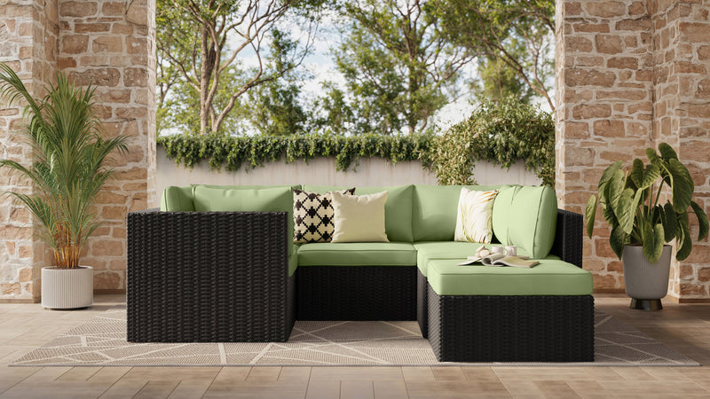 Ensemble Barbados 6 pièces pour la terrasse à l’extérieur avec 3 fauteuils en coin, 2 fauteuils sans accoudoirs et pouf - osier en résine tressé à la main, résistant aux rayons UV et aux intempéries - noir et vert