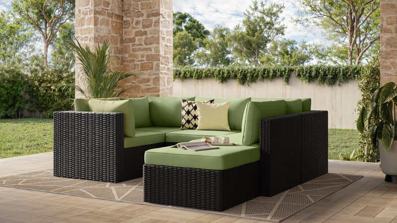 Ensemble Barbados 6 pièces pour la terrasse à l’extérieur avec 3 fauteuils en coin, 2 fauteuils sans accoudoirs et pouf - osier en résine tressé à la main, résistant aux rayons UV et aux intempéries - noir et vert