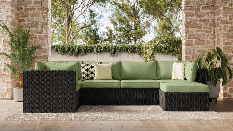 Ensemble Barbados 6 pièces pour la terrasse à l’extérieur avec 3 fauteuils en coin, 2 fauteuils sans accoudoirs et pouf - osier en résine tressé à la main, résistant aux rayons UV et aux intempéries - noir et vert