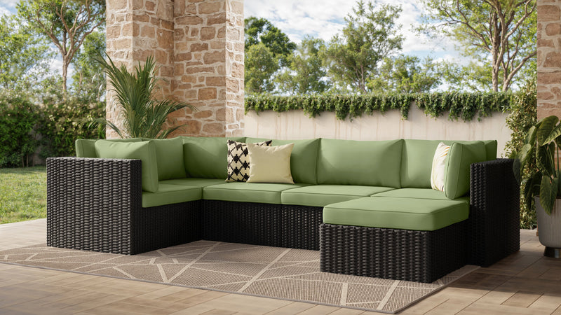 Ensemble Barbados 6 pièces pour la terrasse à l’extérieur avec 3 fauteuils en coin, 2 fauteuils sans accoudoirs et pouf - osier en résine tressé à la main, résistant aux rayons UV et aux intempéries - noir et vert