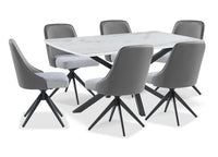  Ensemble de salle à manger Bari 7 pièces en métal avec table de 63 po (L) avec dessus en céramique d’apparence marbre et 6 chaises pivotantes grises