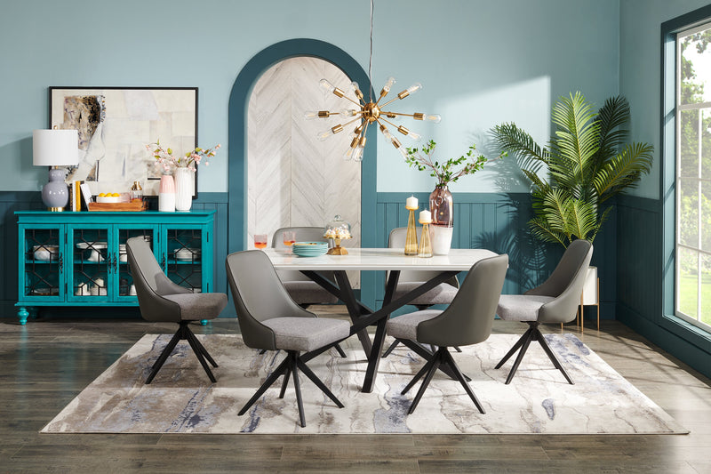 Ensemble de salle à manger Bari 7 pièces en métal avec table de 63 po (L) avec dessus en céramique d’apparence marbre et 6 chaises pivotantes grises