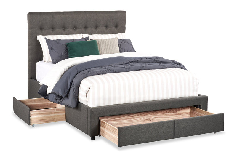 Lit rembourré Beck en tissu gris foncé avec rangement et capitonnage à boutons - format grand lit