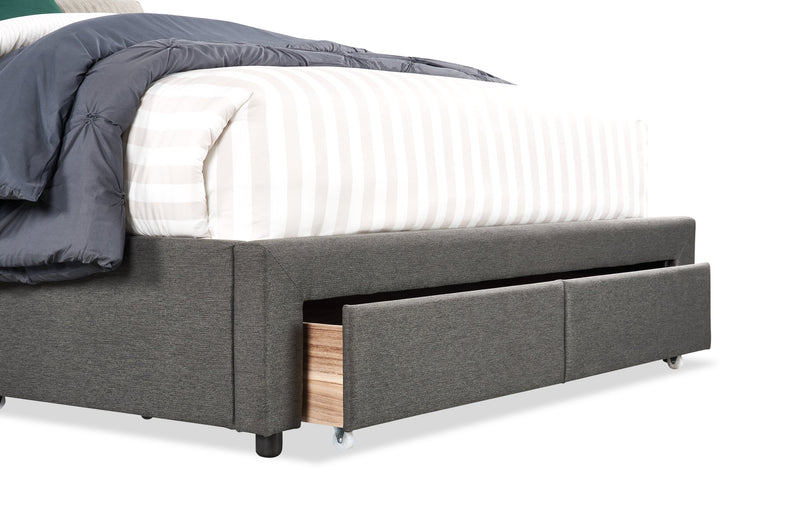 Lit rembourré Beck en tissu gris foncé avec rangement et capitonnage à boutons - format grand lit