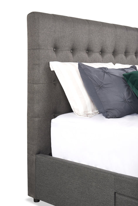 Lit rembourré Beck en tissu gris foncé avec rangement et capitonnage à boutons - format grand lit