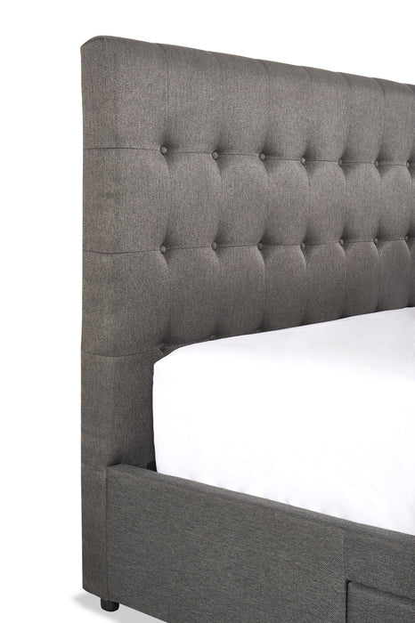 Lit rembourré Beck en tissu gris foncé avec rangement et capitonnage à boutons - format grand lit