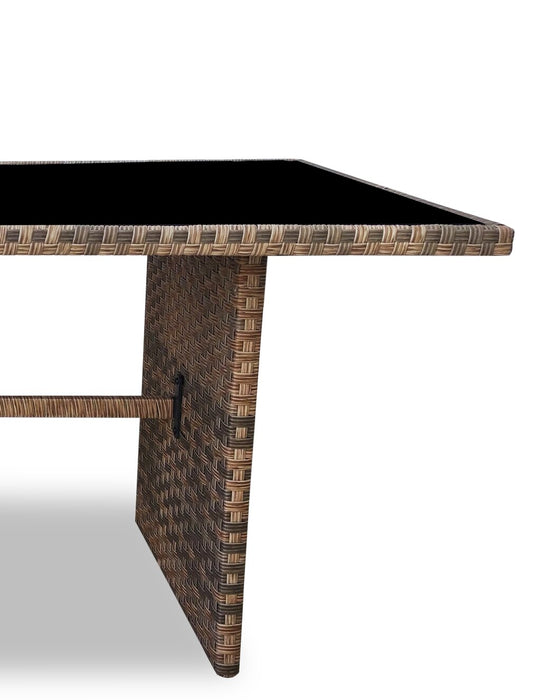 Table Bergen de hauteur régulière pour la terrasse à l’extérieur, osier en résine tressé à la main, dessus en verre - grise