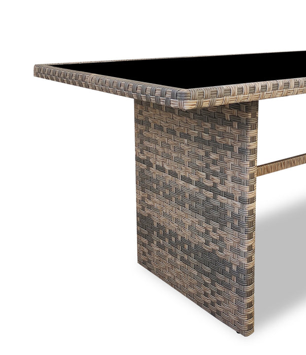 Table Bergen de hauteur régulière pour la terrasse à l’extérieur, osier en résine tressé à la main, dessus en verre - grise