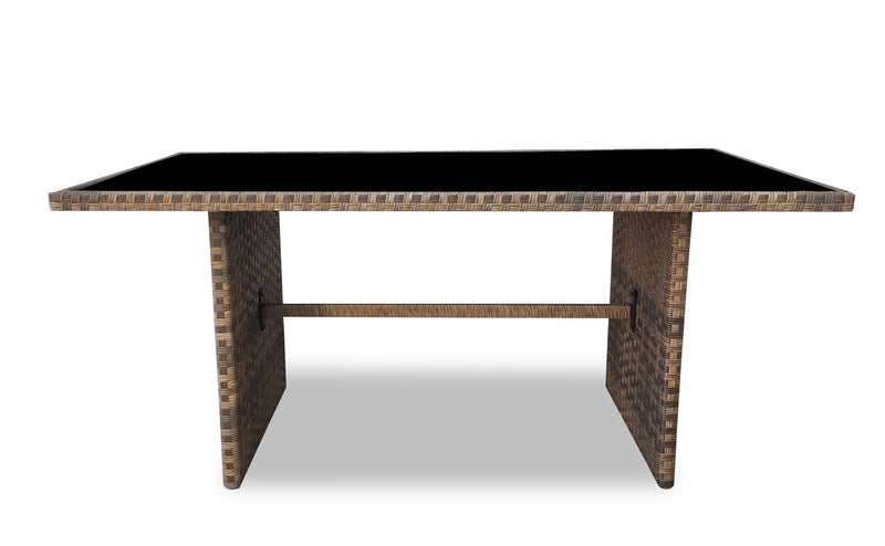 Table Bergen de hauteur régulière pour la terrasse à l’extérieur, osier en résine tressé à la main, dessus en verre - grise