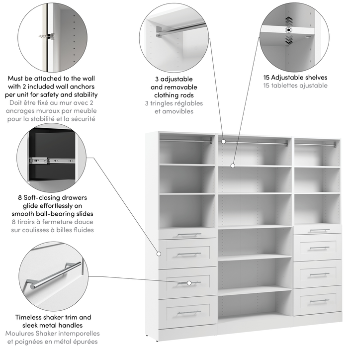 Système de garde-robe et pièce-penderie modulaire Florence de Bestar de 85 po avec tablettes et tiroirs de style Shaker - blanc