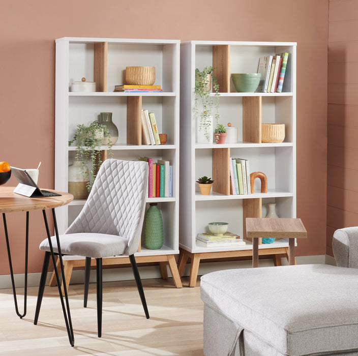 Bibliothèque Bremen de 32,75 po avec 4 tablettes décalées - blanche et brun clair 