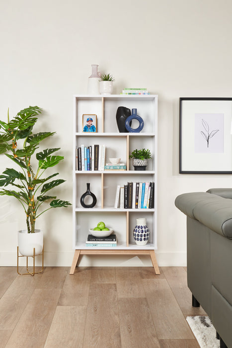 Bibliothèque Bremen de 32,75 po avec 4 tablettes décalées - blanche et brun clair 