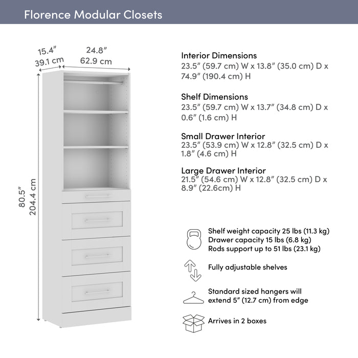 Système de tour garde-robe et pièce-penderie modulaire Florence de Bestar de 25 po avec tablettes et 4 tiroirs de style Shaker - blanche
