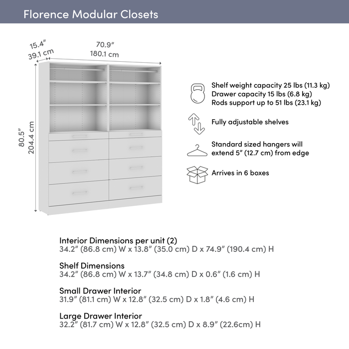 Système de garde-robe et pièce-penderie modulaire Florence de Bestar de 71 po avec tablettes et tiroirs de style lisse - blanc