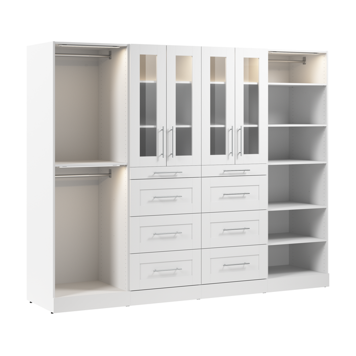 Système de pièce-penderie modulaire Florence de Bestar de 100 po avec éclairages à DEL, tringles, tablettes, tiroirs et portes de style Shaker - blanc