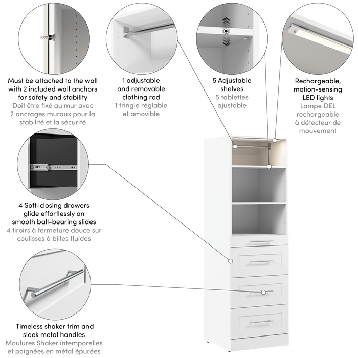 Système de tour garde-robe et pièce-penderie modulaire Florence de Bestar de 25 po avec éclairage à DEL, tablettes et 4 tiroirs de style Shaker - blanche