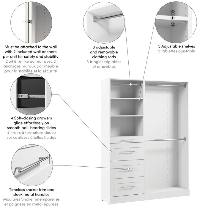 Système de garde-robe et pièce-penderie modulaire Florence de Bestar de 61 po avec tringles, tablettes et tiroirs de style Shaker - blanc