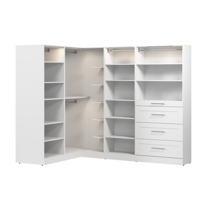 Système de pièce-penderie en forme de L modulaire Florence de Bestar de 105 po avec éclairages à DEL, tringles, tablettes et tiroirs de style Shaker - blanc