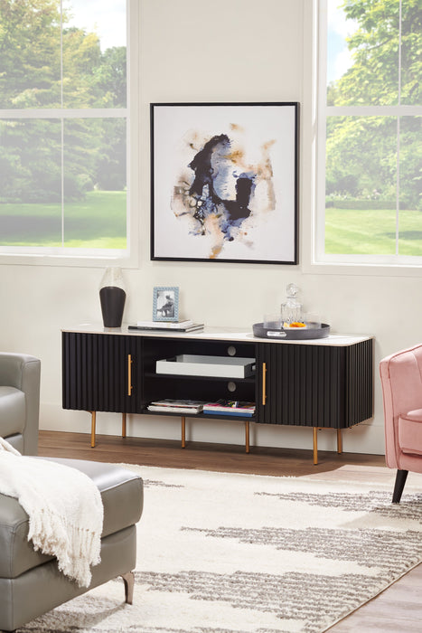 Meuble pour téléviseur moderne Capri de Kort & Co. de 60 po avec dessus en pierre frittée blanche, rangement et système de gestion des câbles pour téléviseurs jusqu’à 65 po - noir et doré